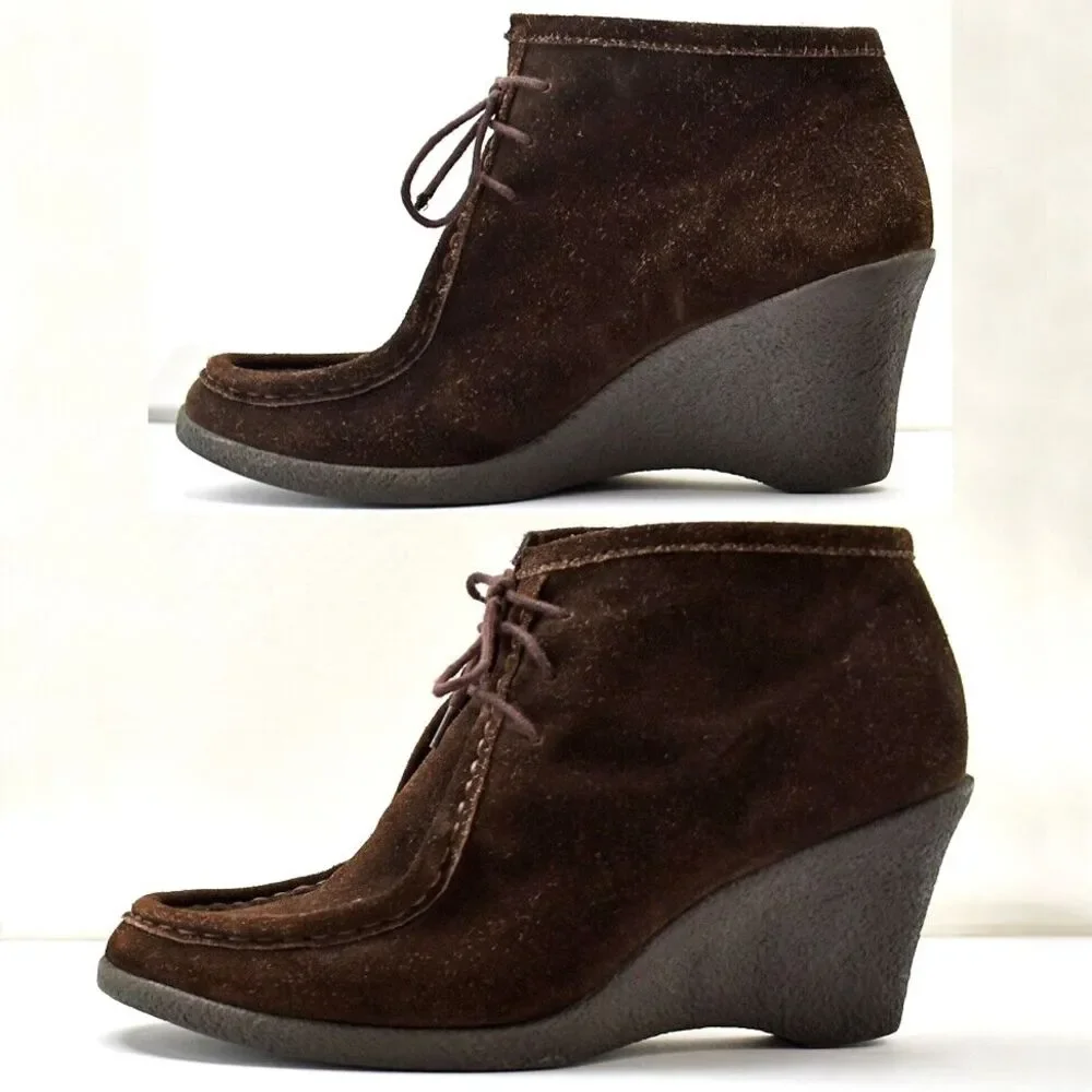 Banana Republic Wedge Heel Booties Women's 9.5 Brown Suede Leather Lace-Up